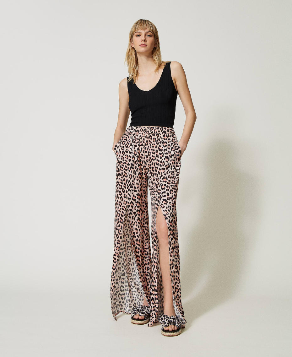 Pantaloni in raso animalier Stampa Leopard Pink Donna 231LB2DHH-01