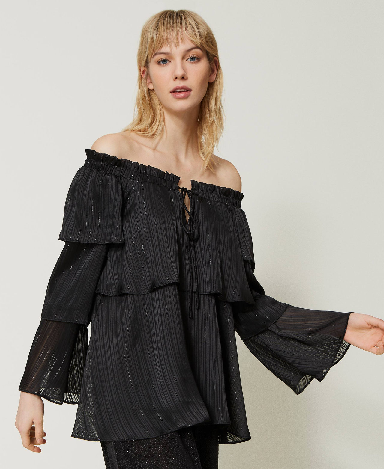 Blusa in georgette con lurex Nero Donna 231LB2DWW_00006_02