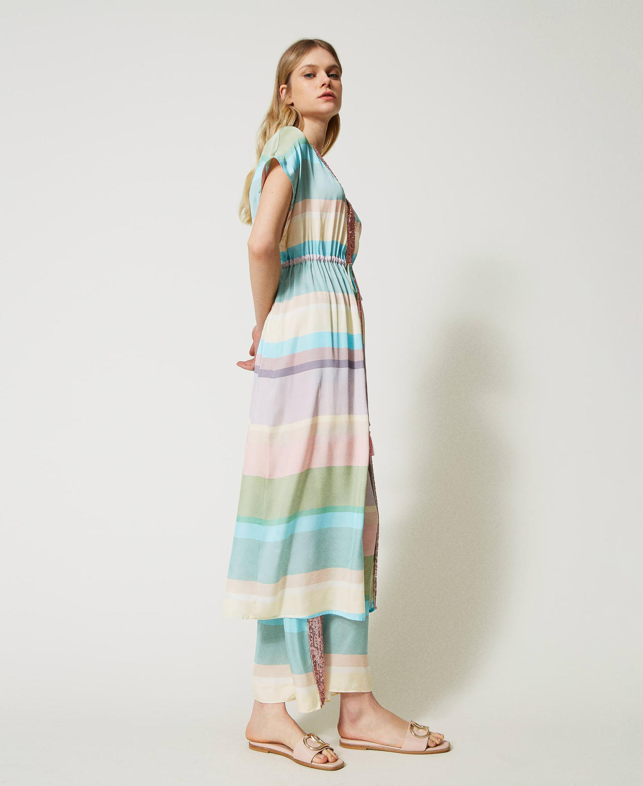 Long striped kaftan with sequins Multicolour Stripe Print Woman 231LB2HAA_10322_02