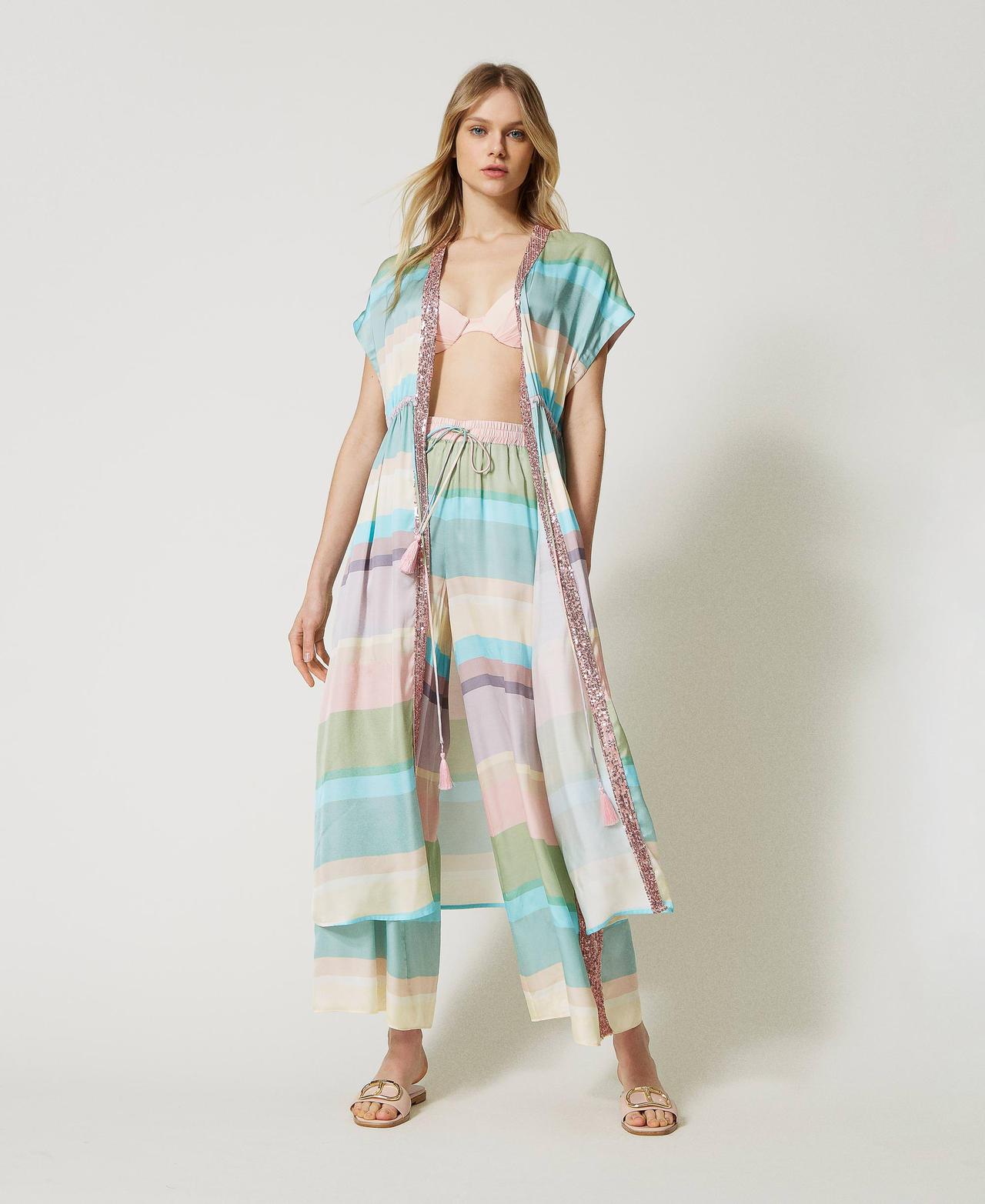 Pantaloni in cotone ricamato - Blu acceso/righe - DONNA | H&M IT