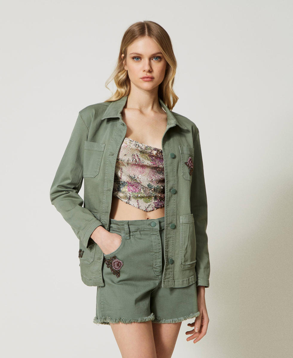 Bull safari jacket with embroidery Woman Green TWINSET Milano
