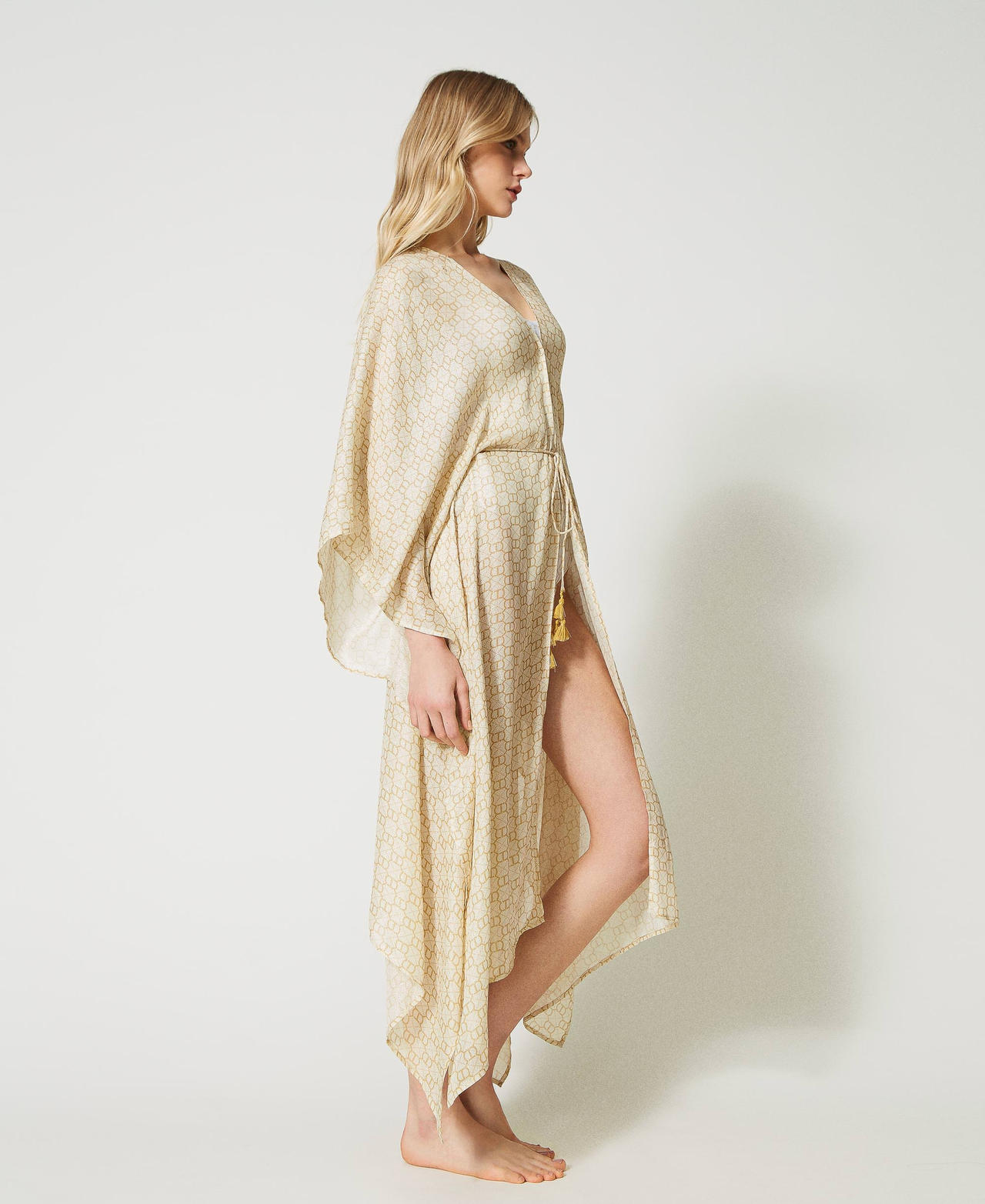 Длинное платье-кафтан с жаккардовым узором Oval T Жаккард Принт Белый / Светлый Золотой женщина 231LB2RAA-03