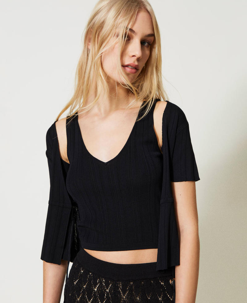 Ribbed cropped cardigan and top Black Woman 231LB3EBB-05