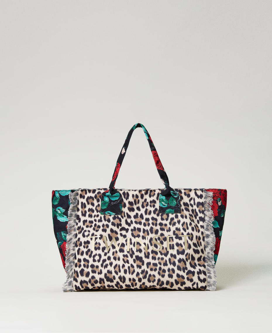 Printed canvas shopper Two-tone Natural Leopard Print / Little Black Rose Woman 231LB7744_10370_01