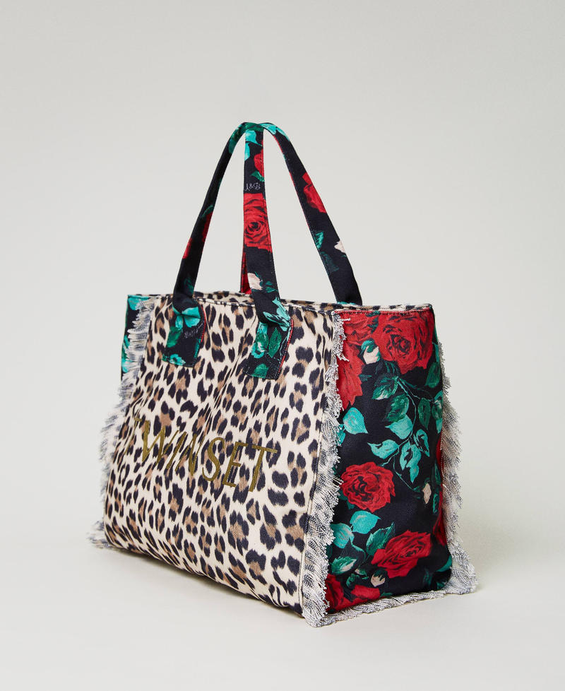 Printed canvas shopper Two-tone Natural Leopard Print / Little Black Rose Woman 231LB7744_10370_02