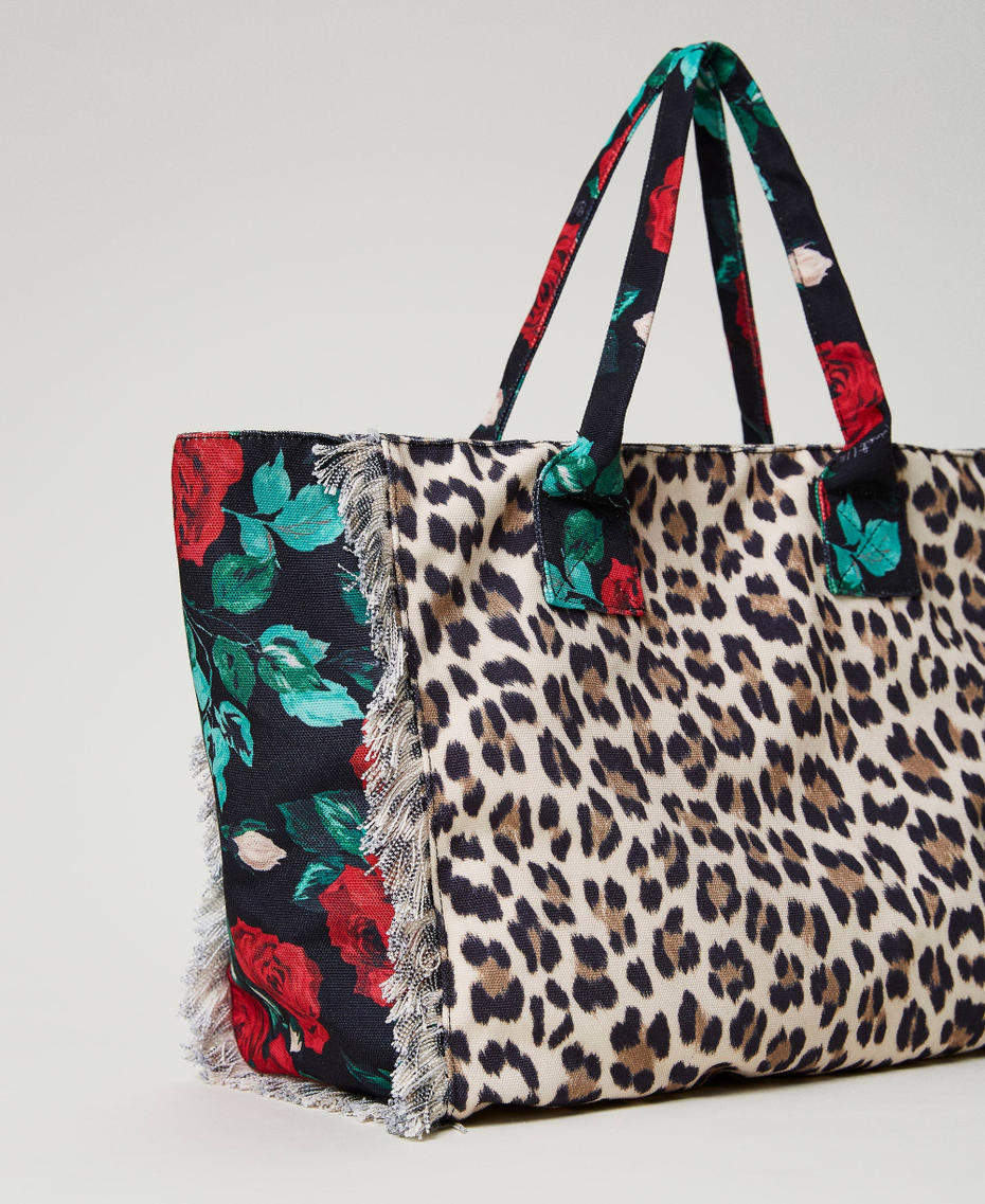 Printed canvas shopper Two-tone Natural Leopard Print / Little Black Rose Woman 231LB7744_10370_03