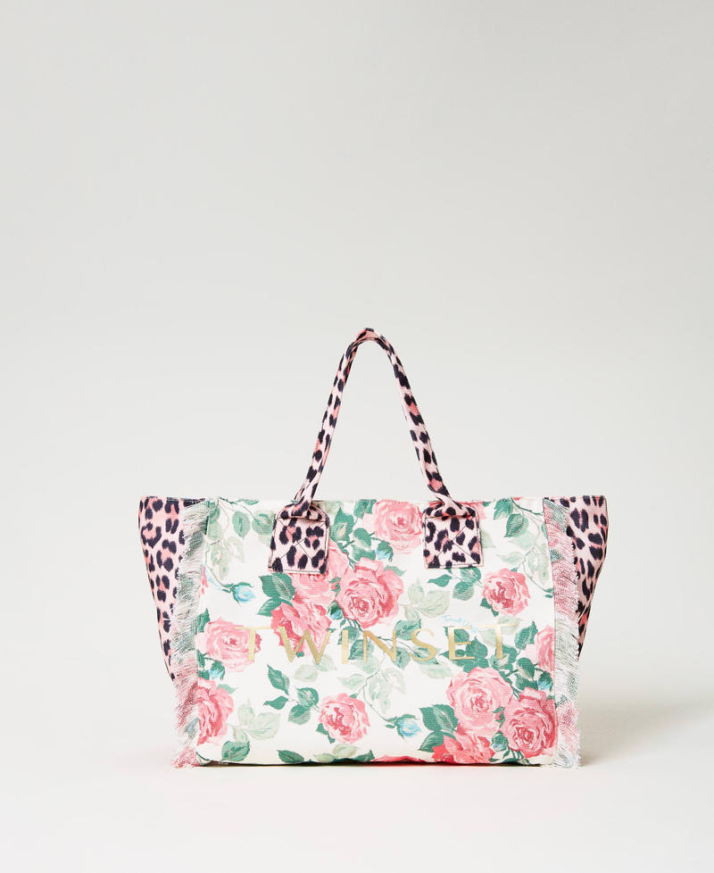 Printed canvas shopper Two-tone Pink Leopard Print / Little Star White Rose Woman 231LB7744_10371_01