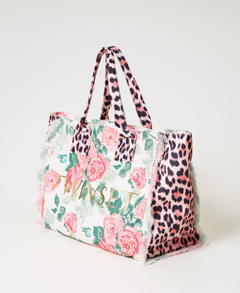 Printed canvas shopper Two-tone Pink Leopard Print / Little Star White Rose Woman 231LB7744_10371_02