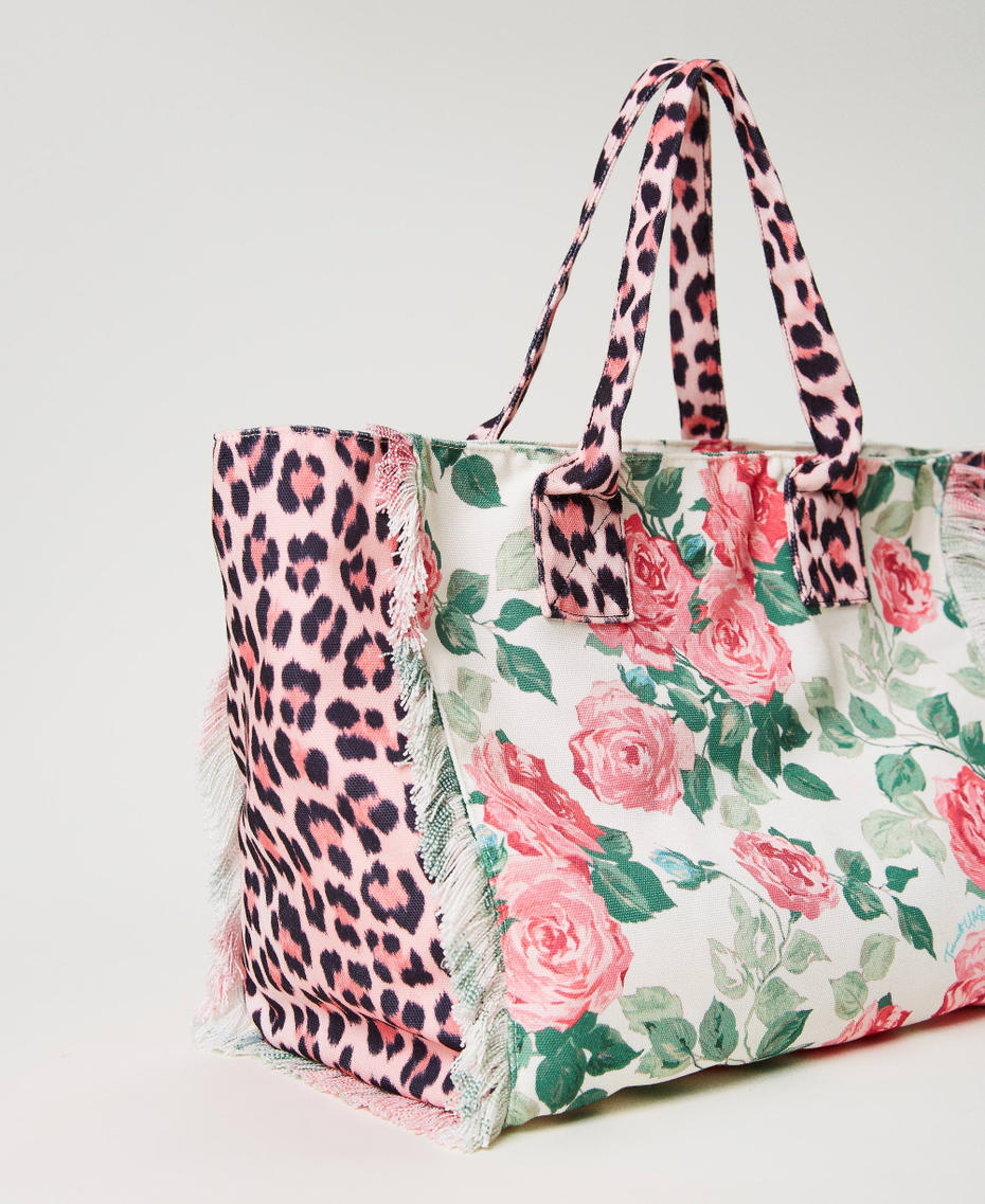 Printed canvas shopper Two-tone Pink Leopard Print / Little Star White Rose Woman 231LB7744_10371_03