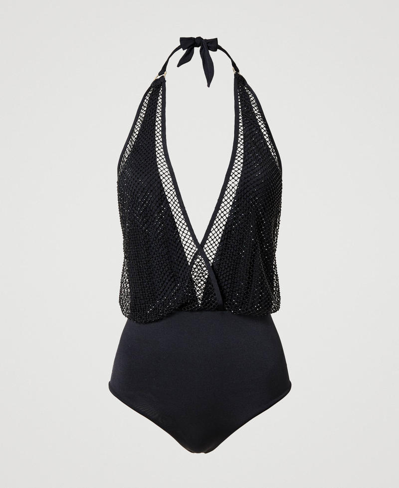 One piece swimsuit with rhinestone mesh Woman Black TWINSET Milano