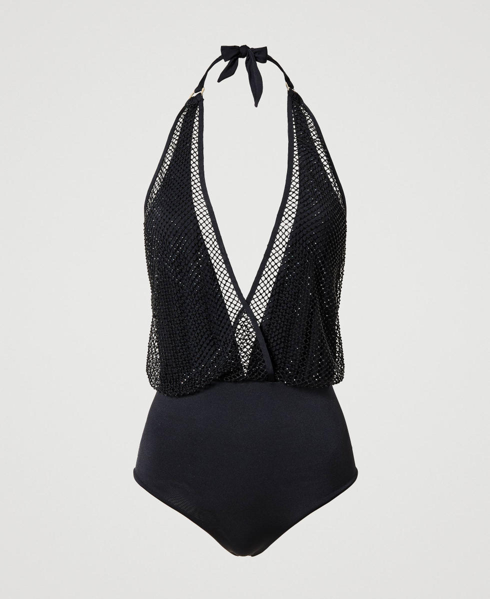 One piece swimsuit with rhinestone mesh Woman Black TWINSET Milano
