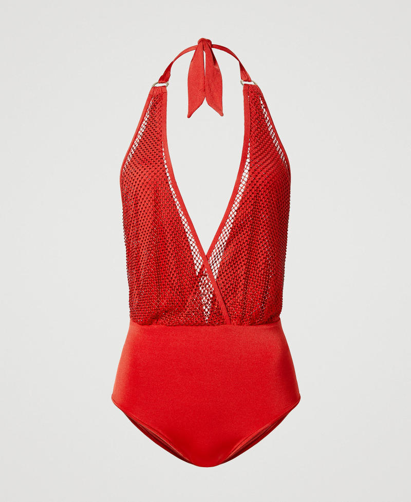 One-piece swimsuit with rhinestone mesh