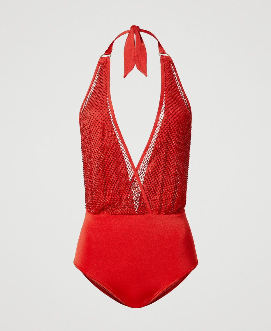 One-piece swimsuit with rhinestone mesh