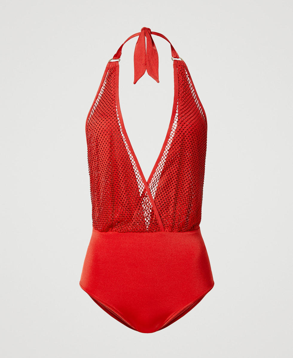 One-piece swimsuit with rhinestone mesh