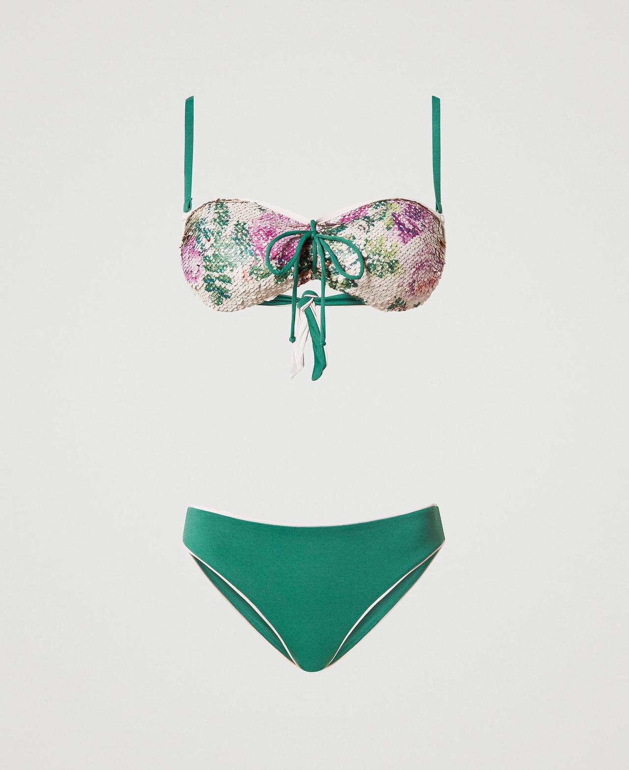 Bandeau top and Brazilian bottom bikini with sequins