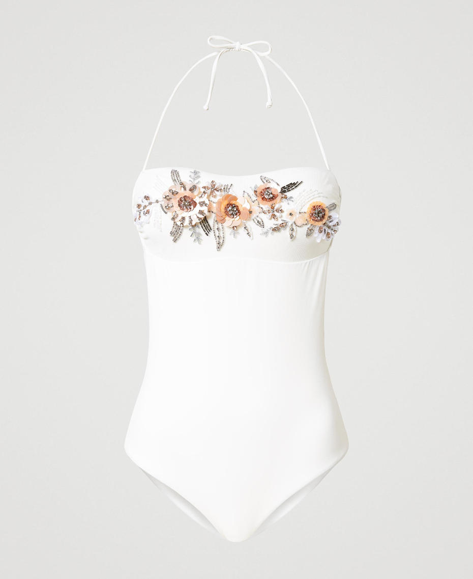 One-piece swimsuit with floral embroidery