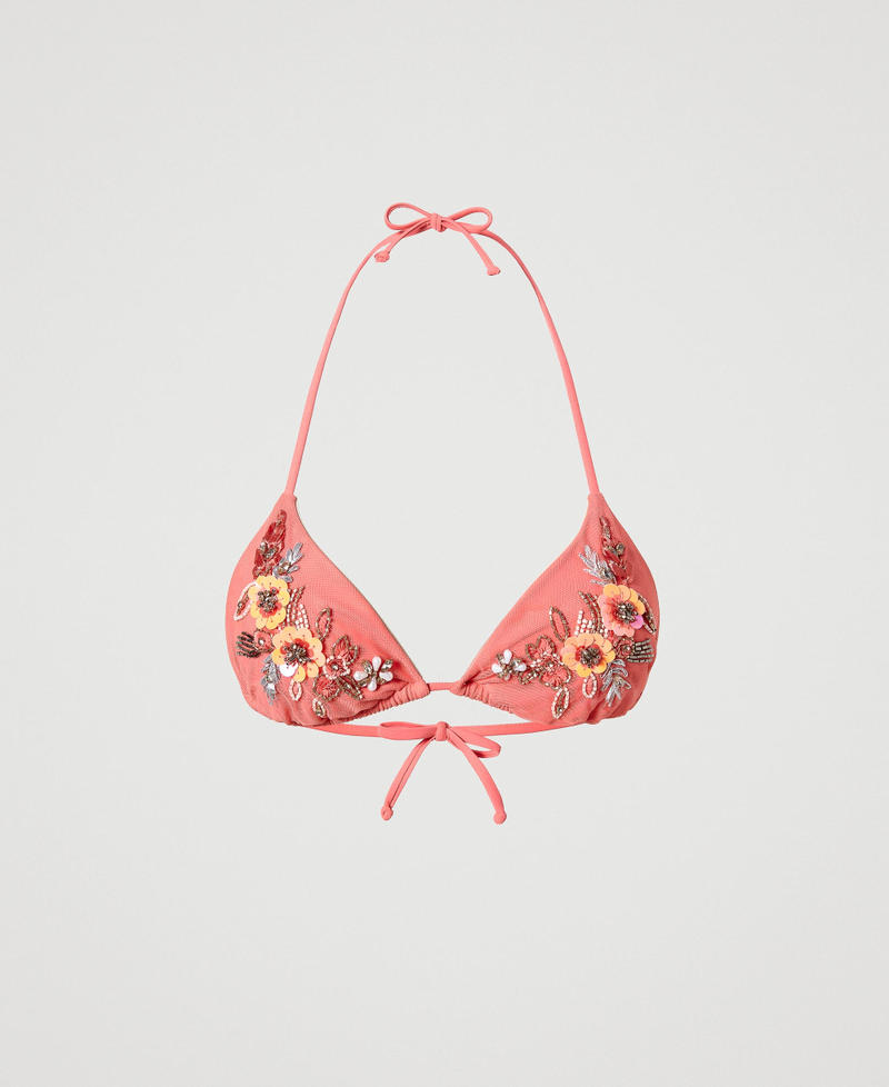 Triangel-Bikinitop mit Blumenstickereien Zweifarbig Flamingorosa / Sand Frau 231LBMC22-0S