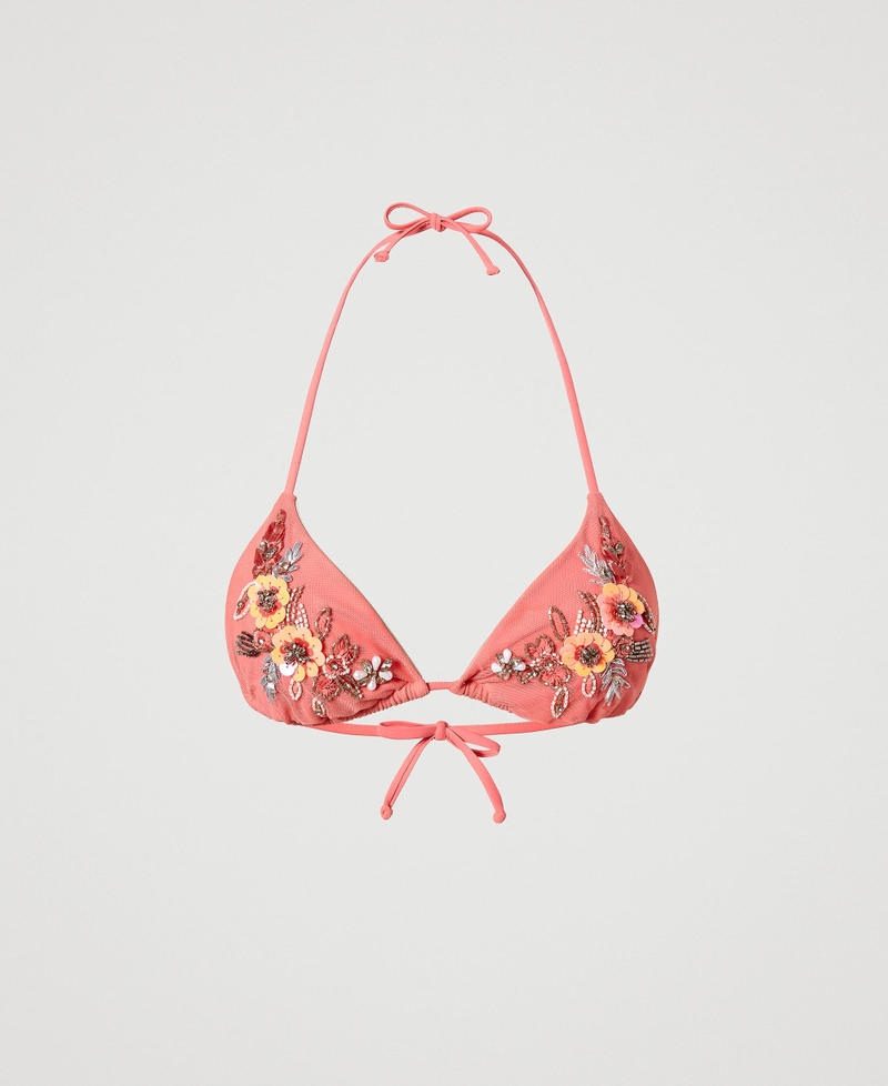 Triangle bikini top with floral embroidery Woman, Pink
