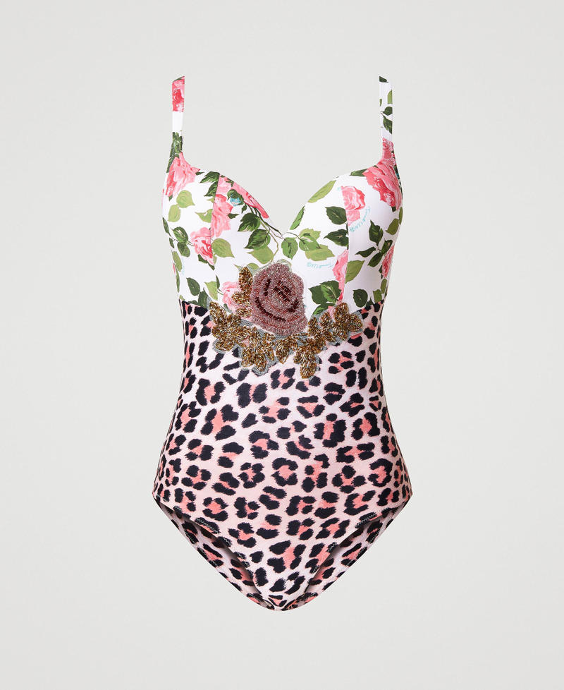 One-piece swimsuit with mixed print Two-tone Pink Leopard Print / Little Star White Rose Woman 231LBME00-0S