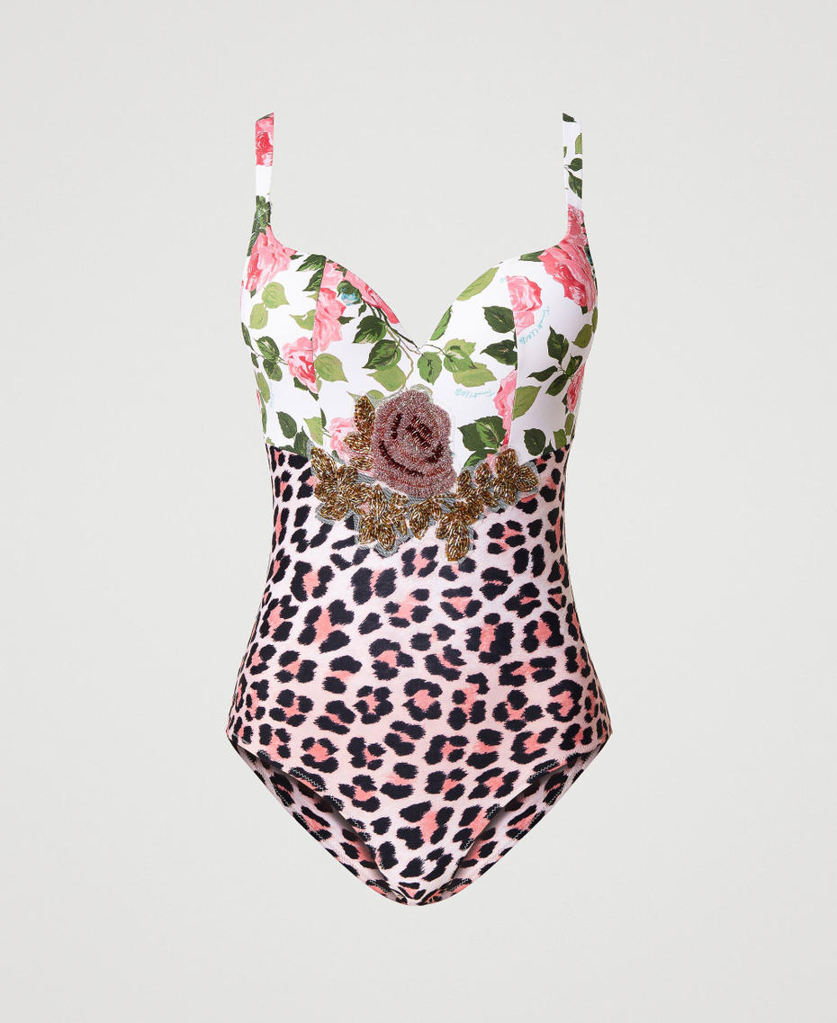 One-piece swimsuit with mixed print