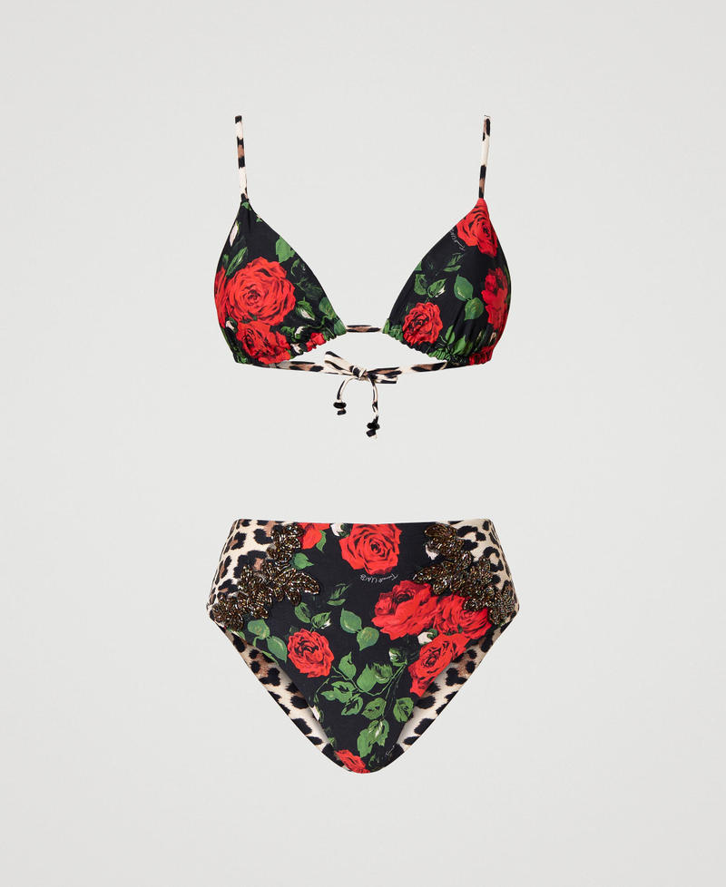 Triángulo de bikini y braguita alta con estampados Bicolor Estampado Leopard Natural / Rosas Pequeñas Negro Mujer 231LBME22-0S