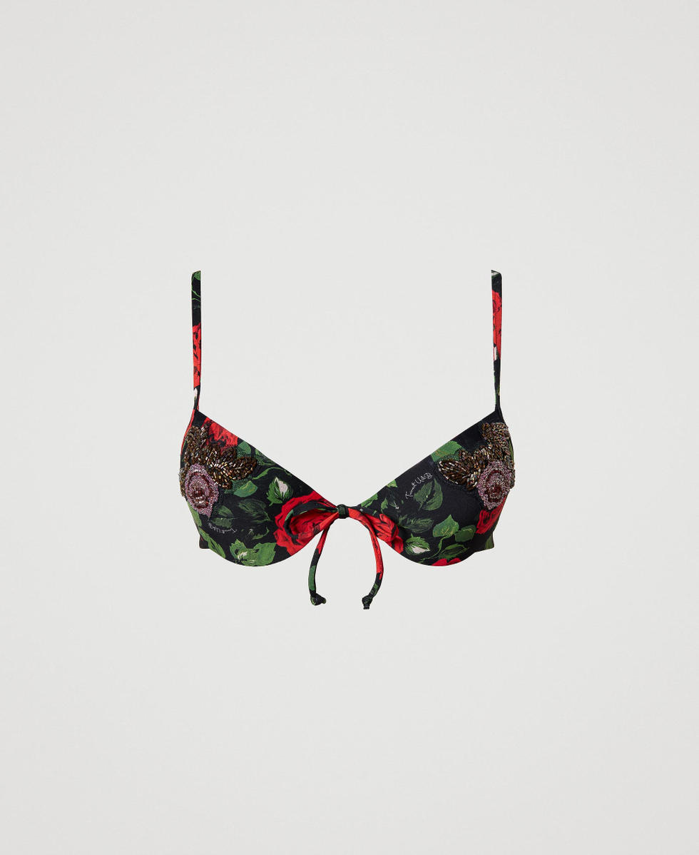 Push-up bikini top with print and embroidery