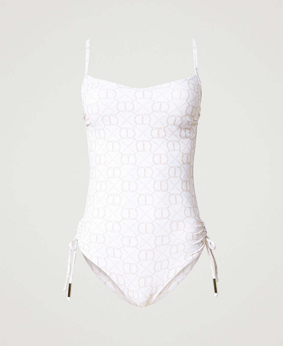 Jacquard one-piece swimsuit with Oval T Jacquard White / Light Gold Print Woman 231LBMR00-0S