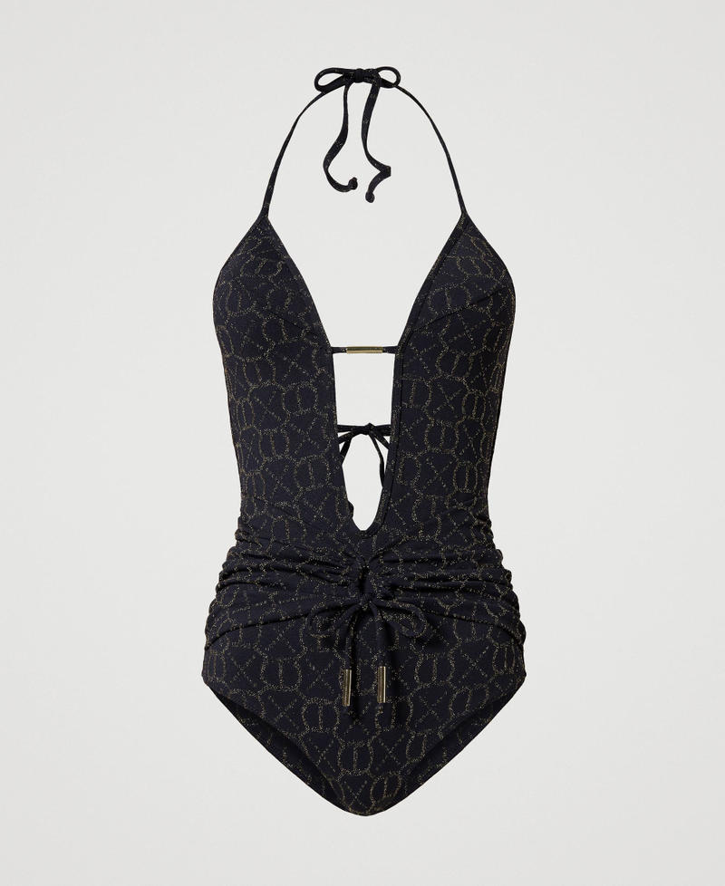 Padded jacquard one-piece swimsuit with Oval T Jacquard Black / Light Gold Woman 231LBMRZZ-0S