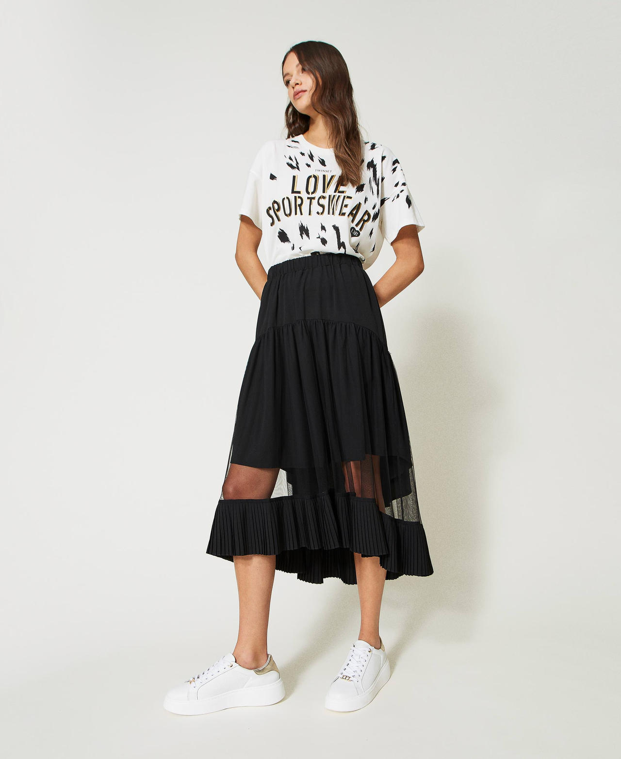 Long skirt with tulle inserts Woman, Black | TWINSET Milano