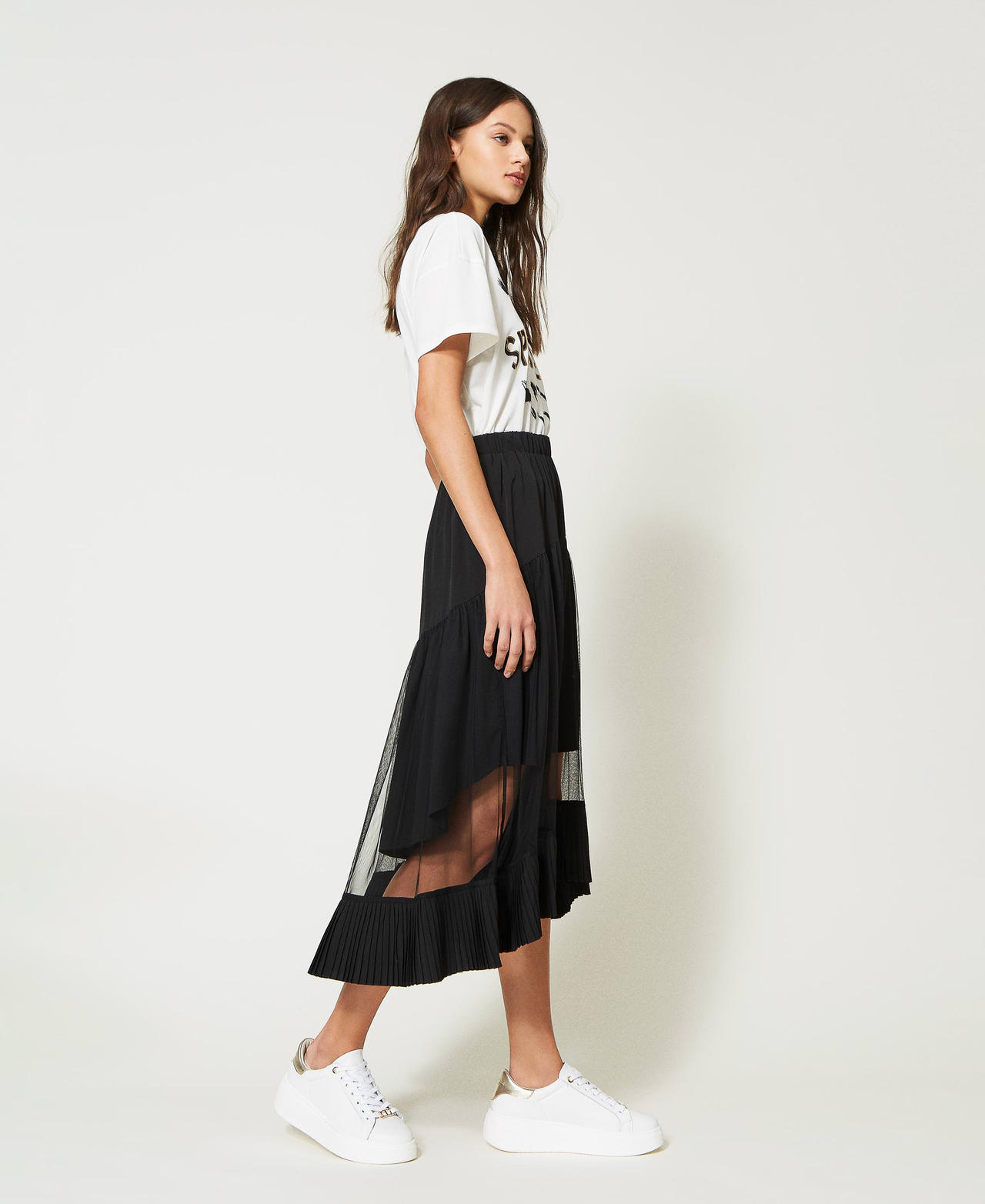 Gonna lunga con inserti in tulle Nero Donna 231LL22QQ_00006_02