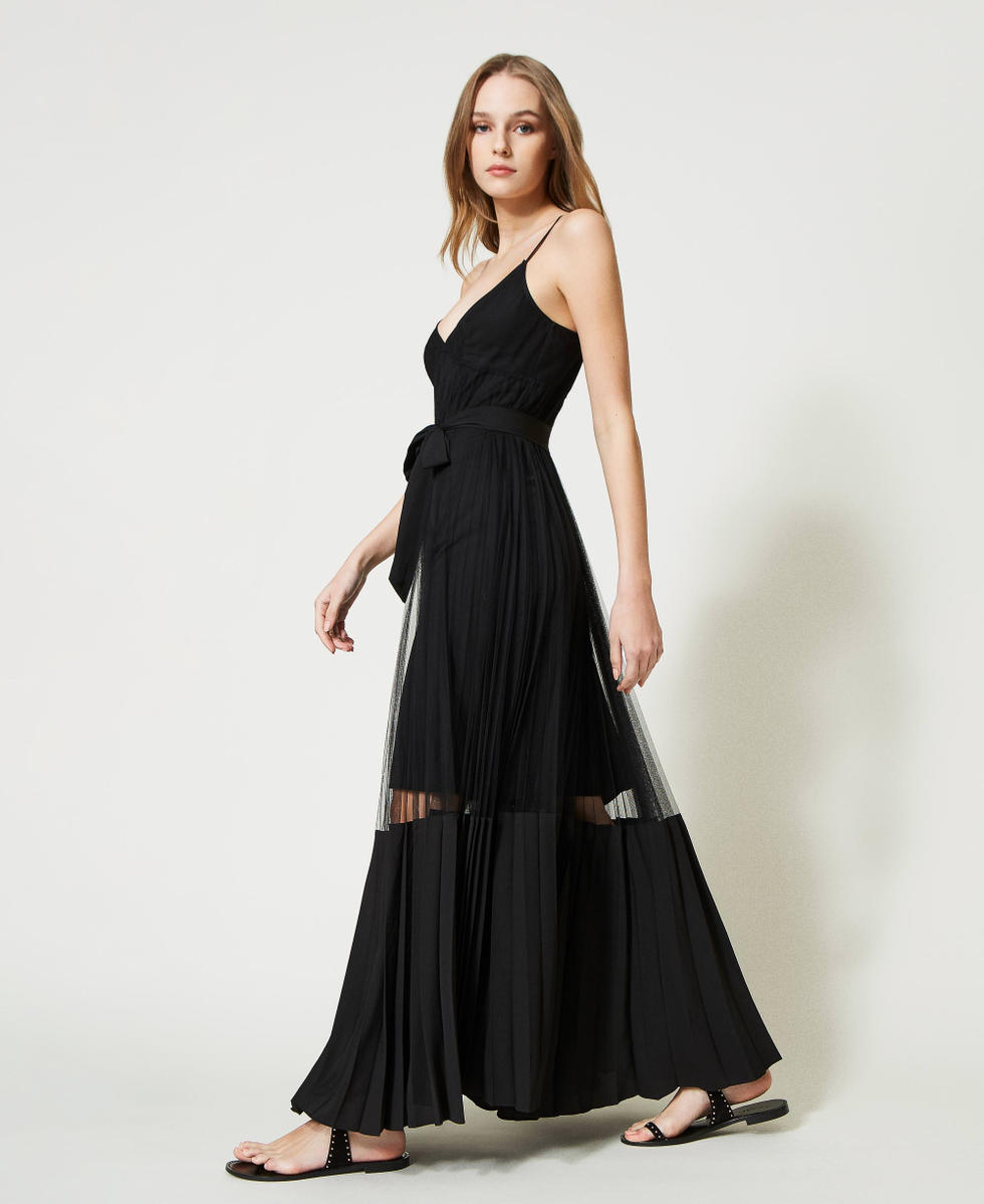 Long dress with tulle inserts Woman Black TWINSET Milano