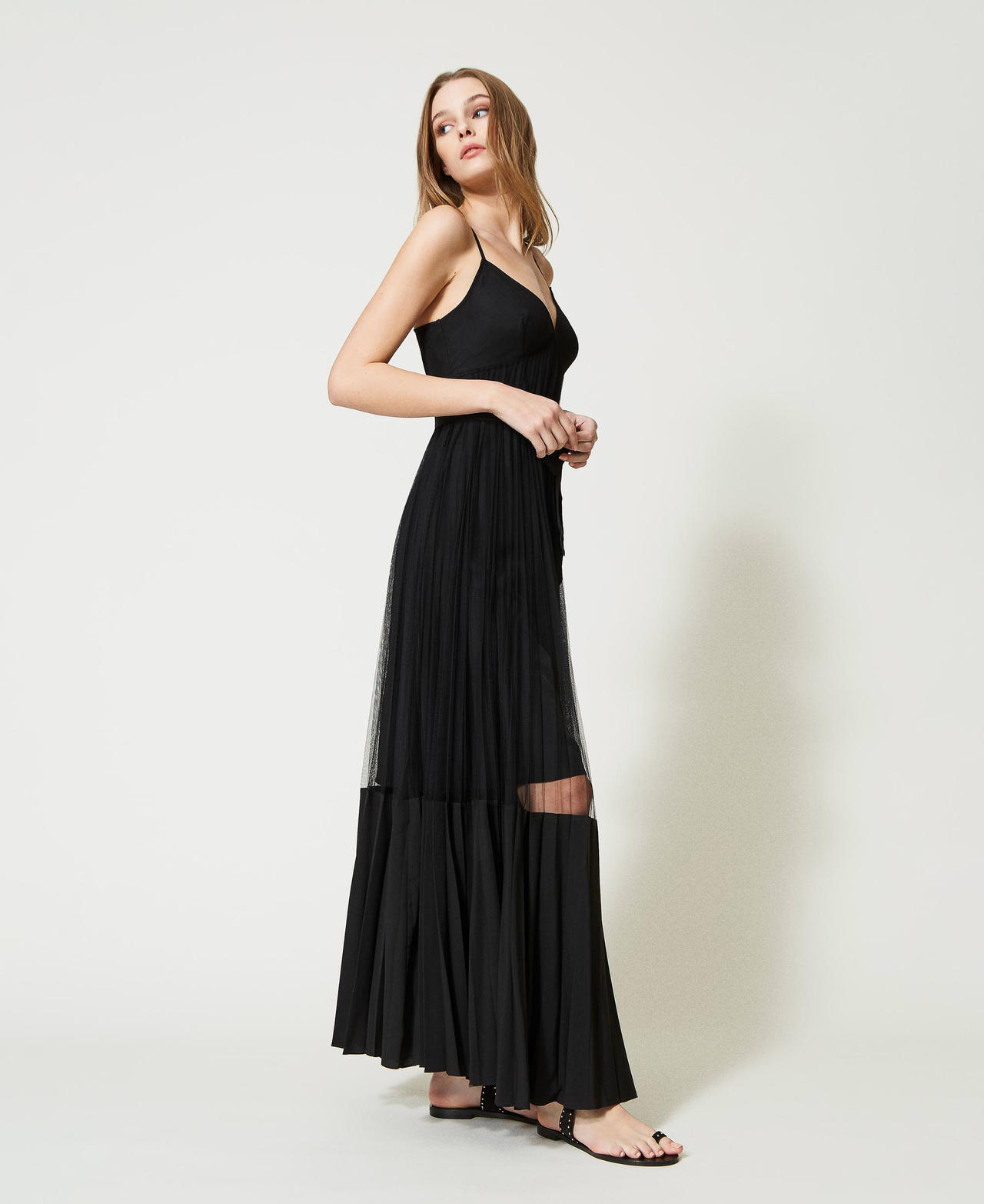 Long dress with tulle inserts Black Woman 231LL22SS-03