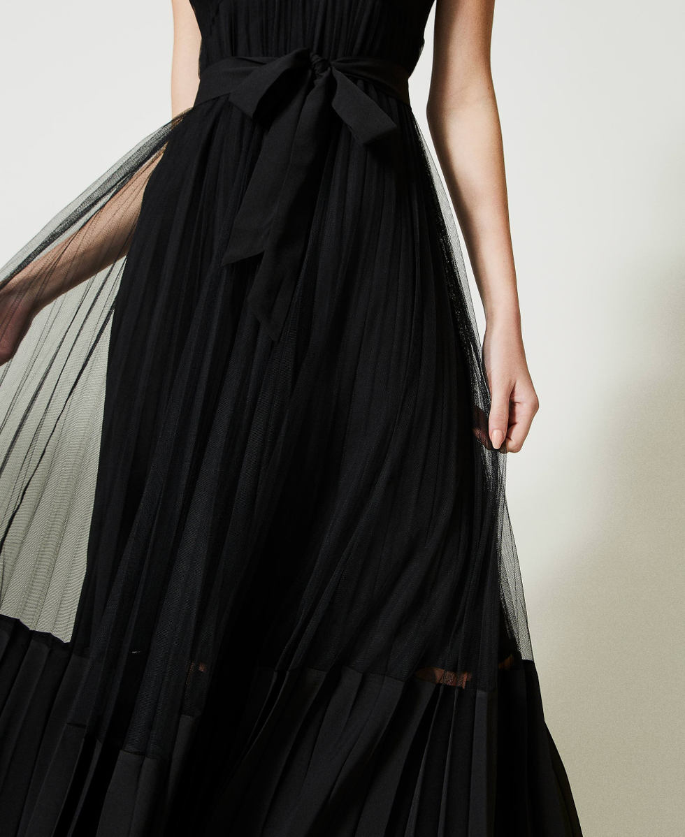 Long dress with tulle inserts Woman, Black | TWINSET Milano