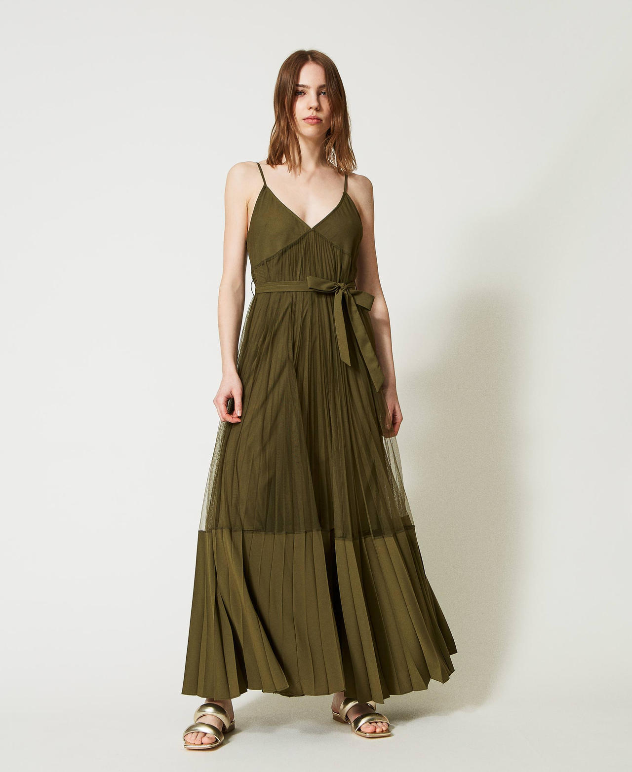Robe longue avec insertions en tulle Femme, Vert | TWINSET Milano