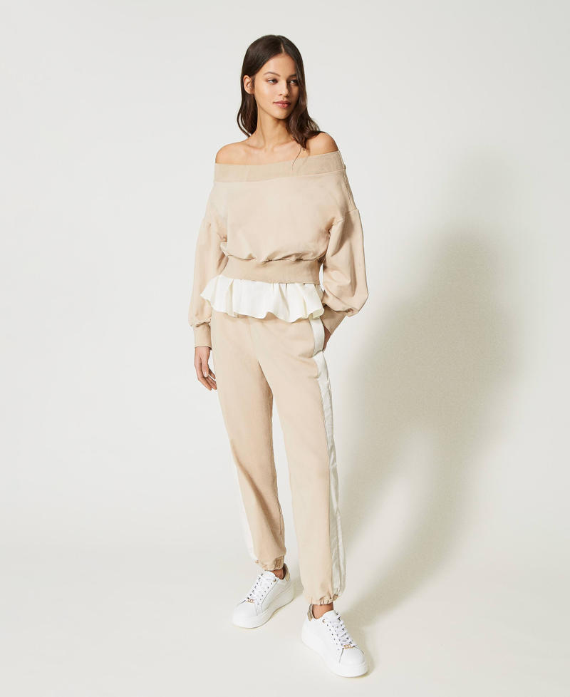 Plush fabric and poplin trousers Two-tone Champagne / Sugar White Woman 231LL23AA_10387_02
