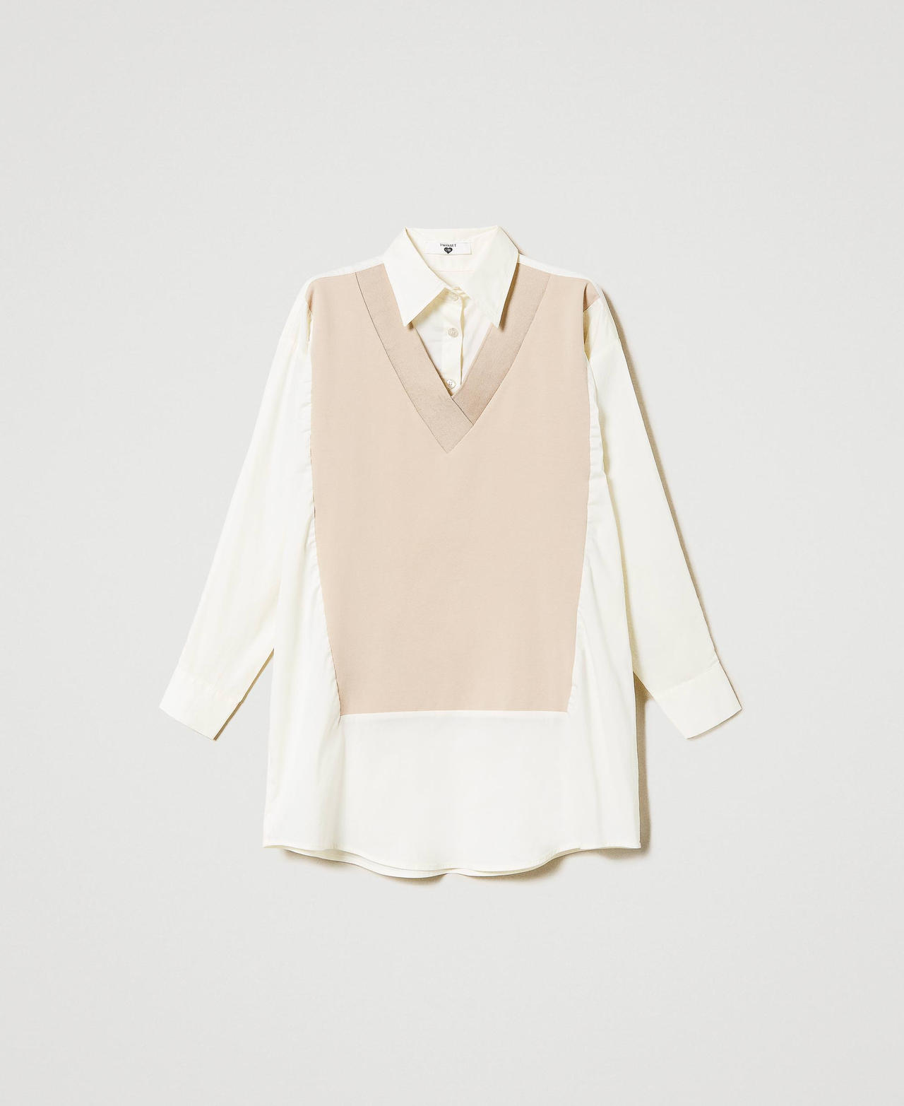 Maxi camicia in popeline con inserti Bicolor Champagne / Bianco Sugar Donna 231LL23CC_10387_0S