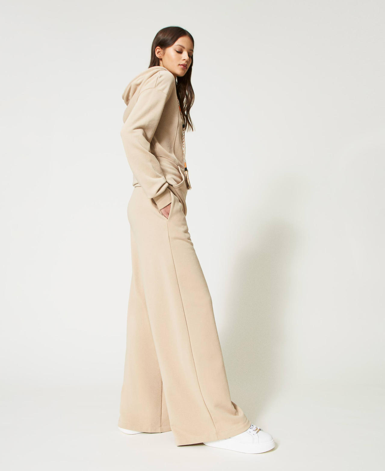 Wide leg plush fabric trousers Woman, Beige | TWINSET Milano