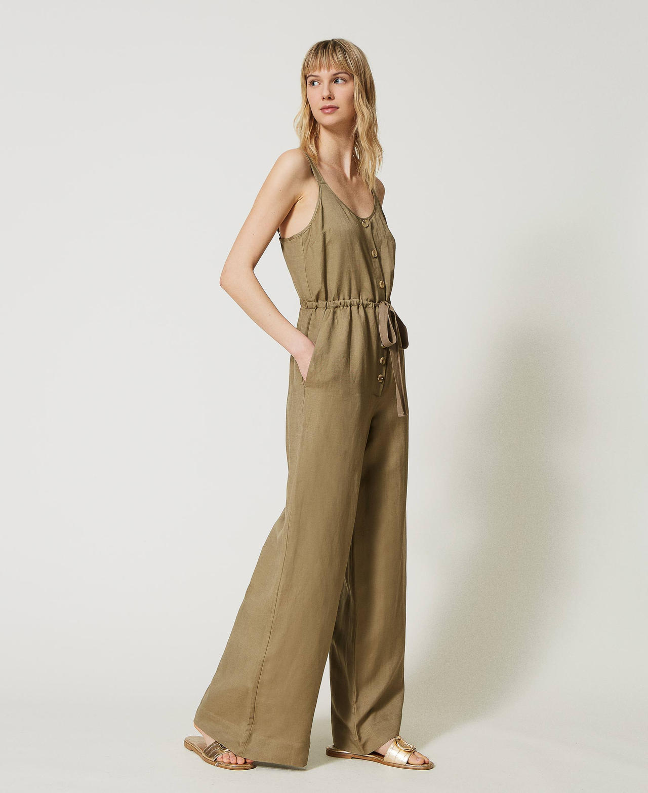 Long linen blend jumpsuit with drawstring Elm Green Woman 231LL28FF-02