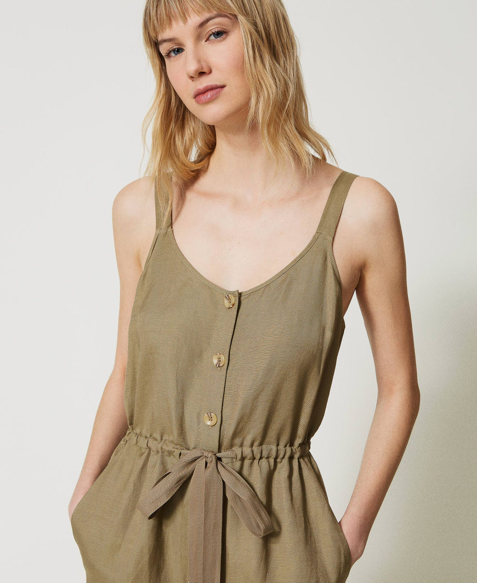 Long linen blend jumpsuit with drawstring Woman, Green | TWINSET 