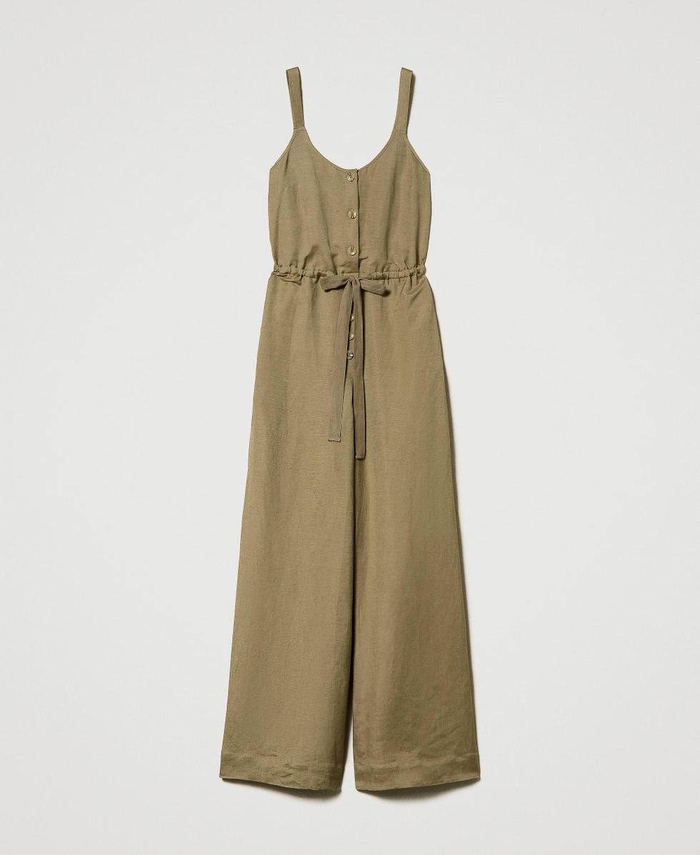 Long linen blend jumpsuit with drawstring Elm Green Woman 231LL28FF_10284_0S