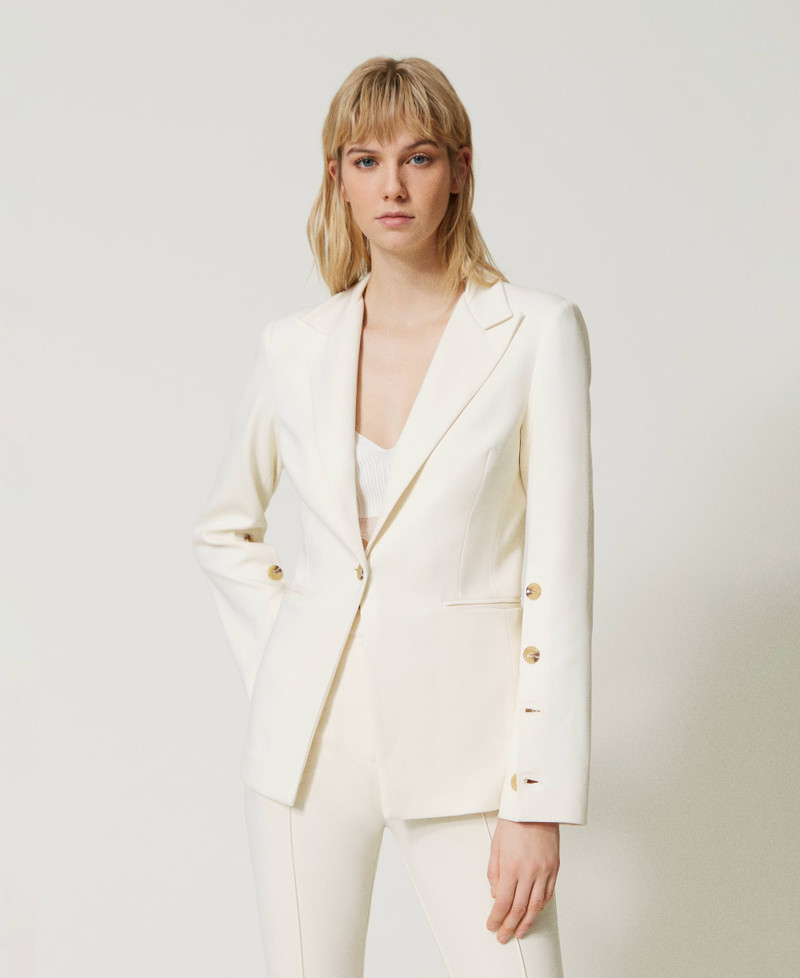 Blazer Biba Beige Bleu Chiné Avec Boutons Bijoux - Taille 38, Style Chic Et Intemporel