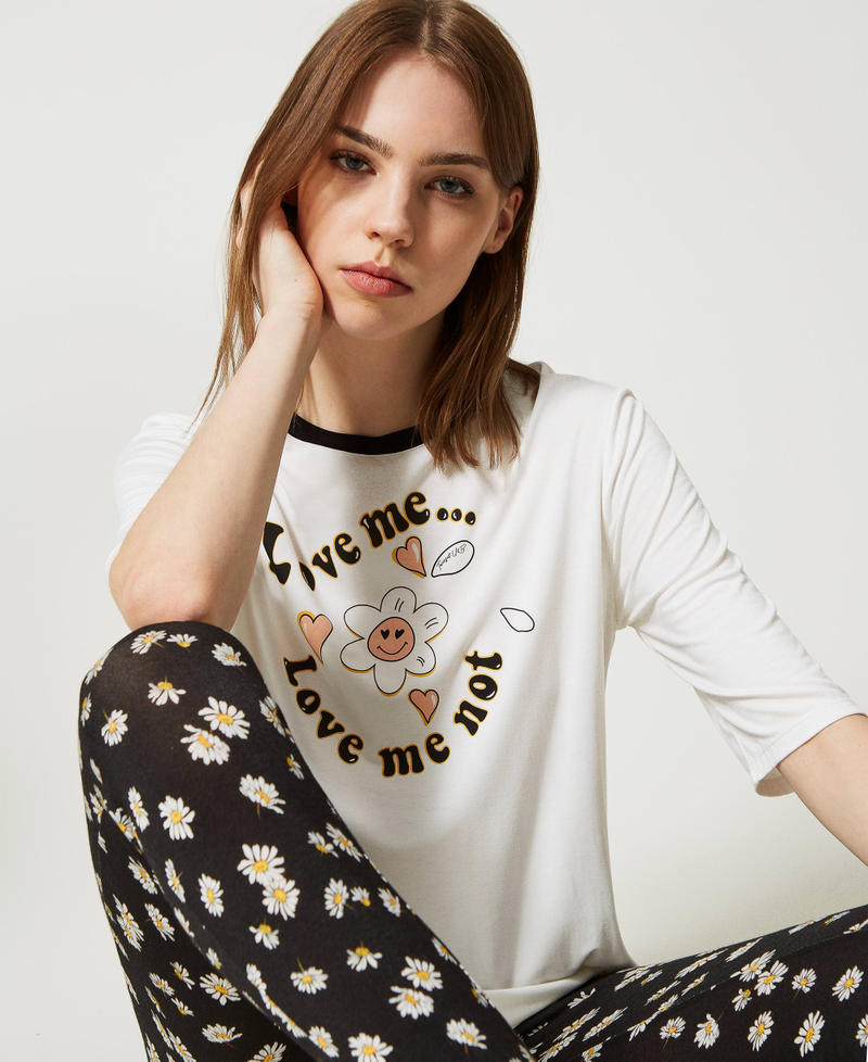 T-shirt Desigual Noir Imprimé Marguerites Et Perles - Taille S (36/38), Manches Courtes, Col Bateau, Viscose