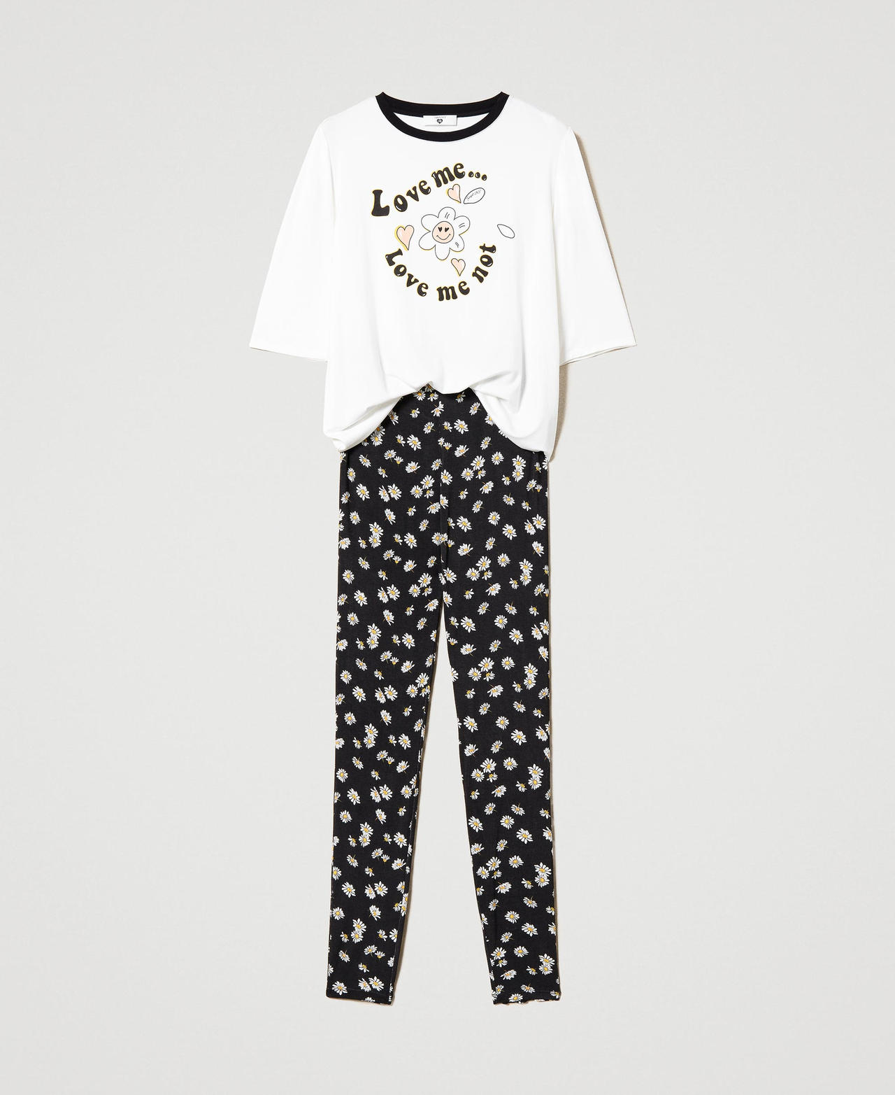 Langer Pyjama mit Margeritenprint Zweifarbig „Sugar“-Weiß / Margeritenprint Schwarz Frau 231LL2HAA_10567_0S