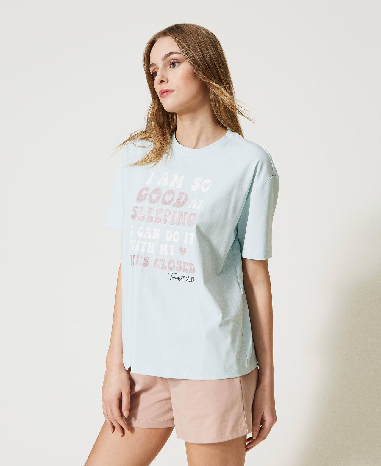 Short pyjamas with glitter print Two-tone Old Rose / Star Light Blue Woman 231LL2PAA_10426_02