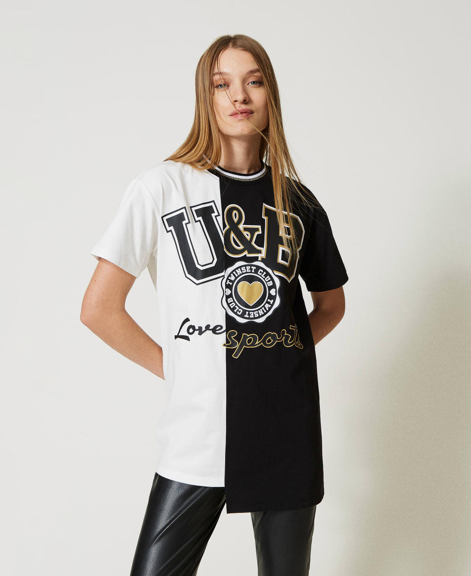 Zweifarbiges Maxi-T-Shirt mit Logo Zweifarbig „Sugar“-Weiß / Schwarz Frau 231LL2RDD-01