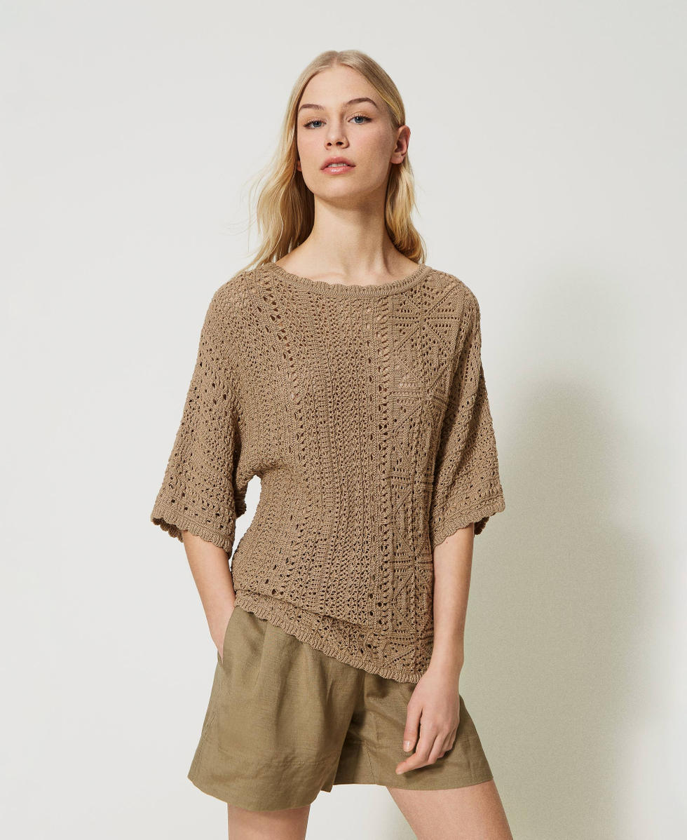 Maxipullover mit Durchbruchmuster und Muschelr&auml;ndern