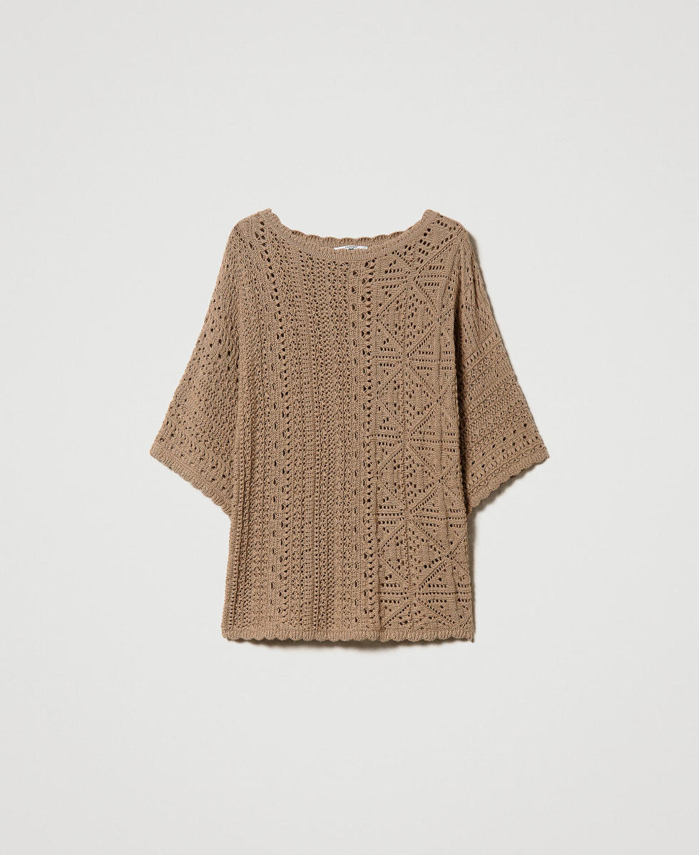 Maxipullover mit Durchbruchmuster und Muschelr&auml;ndern