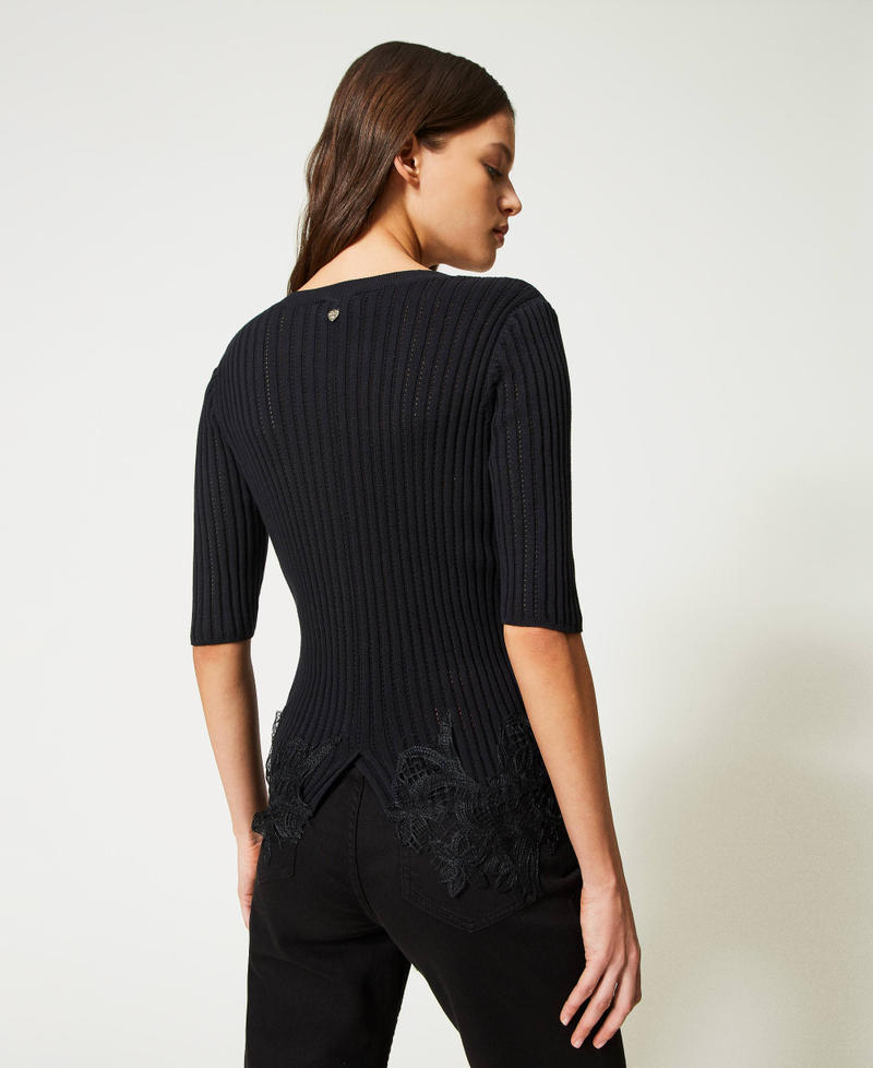 Fitted ribbed jumper with lace Black Woman 231LL3CAA-03