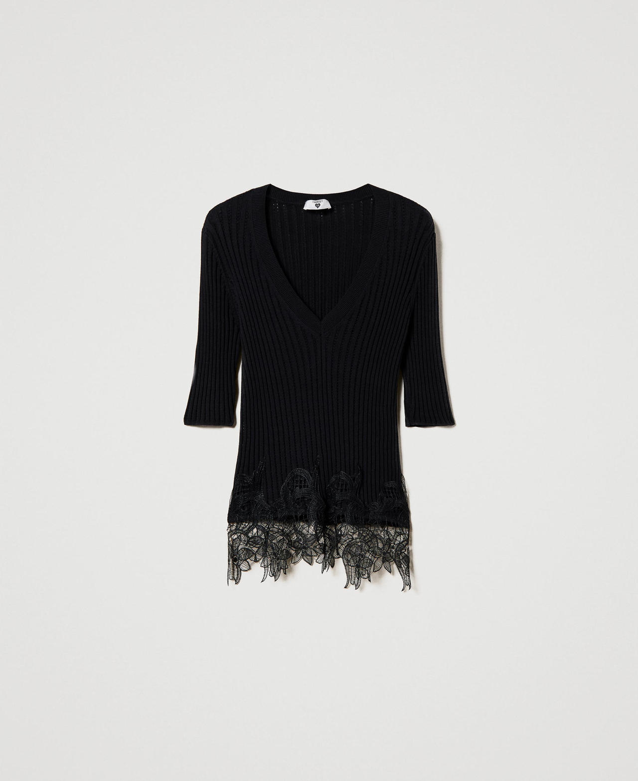 Fitted ribbed jumper with lace Black Woman 231LL3CAA-0S