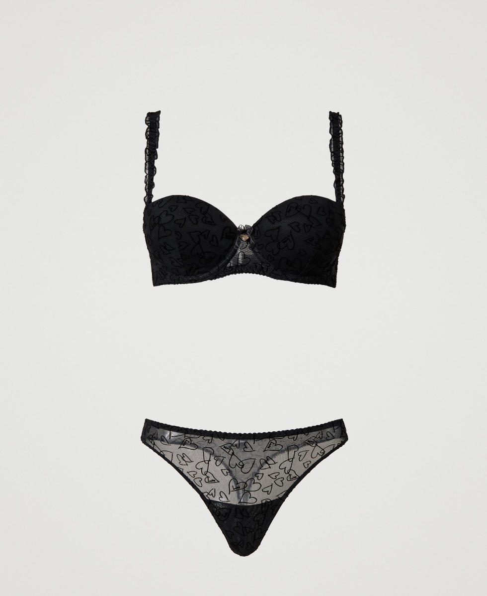 Soutien-gorge corbeille et string en tulle Noir Femme 231LL6D11_00006_S0